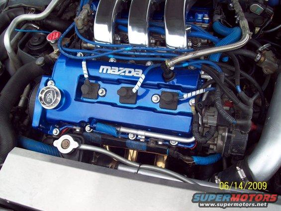 100_1055.jpg a pic of the powdercoated candy blue front valve cover and partial pic of the klze show polished intake manifold