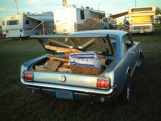 dscf0018.jpg This load would have been better suited for the Galaxie's monster trunk, but I was hauling all of our gear.  Dave was nice enough to go grab firewood for our campsite.  The Mustang makes a perfect hauler. ;)