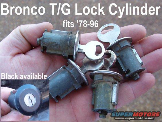 tglockcyls.jpg '78-96 Bronco Tailgate Lock Cylinders (F2TZ-9821984-A) w/ matching keys
https://www.npdlink.com/product/lock-cylinder-and-keys-tailgate/207568/80870
SOLD the black one (F5TZ-9821984-BA)


TSB 99-24-02 Service PN: F6TZ-9821984-AA

I DO NOT KEEP SPARE KEYS or records of these locks.  There's one key made for each lock, so copy it as soon as you receive it.  I can't help you if you lose the key. As of 9/23, I have 11 used original t/g lock cylinders with keys, but 2 have cosmetic dents on the bezels. They all work perfectly.

[url=http://www.supermotors.net/registry/media/401380][img]http://www.supermotors.net/getfile/401380/thumbnail/tailgatelockparts.jpg[/img][/url]

[url=https://www.npdlink.com/product/lock-cylinder-and-keys-tailgate-black-2-key/207568]New aftermarket[/url]