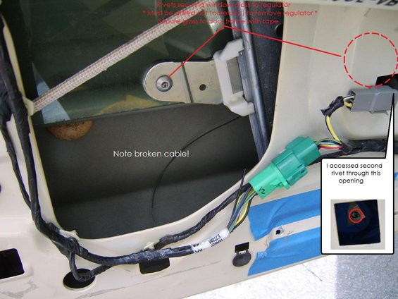 windowreglf2.jpg The rivets which attach the glass to the regulator sliding mechanism are the most difficult to remove. This position worked out well for me.