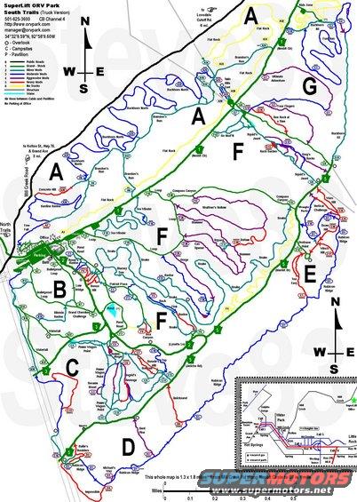 superliftsctinset.jpg IF THE IMAGE IS TOO SMALL, click it.

The diamonds are the park ratings; the colors are my own ratings, based on driving them in my &quot;stock&quot; full-size Bronco.  Everything is GPS-confirmed except C15, Shaffner's Hollow,  Outlaw, One Rock at a Time, the SE end of Greg's Rocks, Too Easy, Vertical Challenge, & Warn Hill.

The official park maps are available from this page: 
http://www.orvpark.com/trail.asp