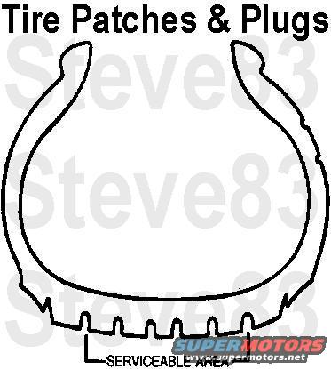 tirepatch.jpg Tire Service
Punctured tires should be removed from the wheel and permanently serviced from the inside using a combination service plug and vulcanized patch. When servicing a puncture, always follow the manufacturer's instructions for using the service kit.  Service punctures in the tread area only. Never attempt to service punctures in the tire shoulders or sidewalls. In addition, do not service any tire that has sustained the following damage:
* bulges or blisters
* ply separation
* broken or cracked beads
* fabric cracks or cuts
* tires worn to the belts, or with wear indicators visible
* punctures larger than 6.35 mm (1/4 inch)
WARNING: Tire sealants that are injected through the valve and cap are not to be used to service punctured tires as they can produce wheel rust and cause tire imbalance.