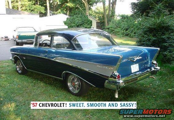 1957-chevy.jpg bought for 2,000.00 off of a hippy that had it all decked out with shag carpet and little balls hanging around the windsheild, it was sky blue all over with 1973 olds 442 mags painted the same color as the car(i did'nt really like that look) would you?.I took out the very weary 6 cylinder and sold it for 2,000.00 so i got this car for free to (lucky me). I put a 2 bolt maine v8 with 11 to 1 high dome pistons,roller rockerarms,mild street raceing cam,duly heads and thrush mufflers with two inch pipe, I use to have the wide white walls on her but i bought a set of 1975 daton spokes as you can see, they had the small low profile tires on them when i bought them, when we tryed them on to make sure they cleared steering, tie rods ect.i took her for a spin,(I COULD NOT BELIVE the differance in the handling,if you have an old car put some low profile tires on it(if you can stand that look) i don't really love the look myself but the differance in handling is awsome, now i can take the s turns at 80 miles an hour on 95 north near patucet, the chrome is farly new looking and the paint is midnite blue and royal blue.When i go really fast which is not to often,over 120 the speedomiter bounces off the little restrickting rod, it's alot of fun to drive(get one if you can before all the rich people buy them up because thats real, they are buying them up and restoring them for profit, it's getting harder and harder to find a good deal,,,,,,,,,thanks for checking my stuff out.see ya  for now and good luck 