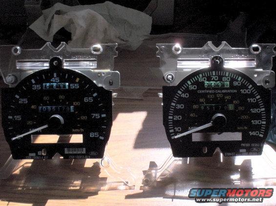 guagecompare.jpg Old speedometer (left) compared to the new police speedometer (right). The mileage has been matched, even down to the trip odometer!