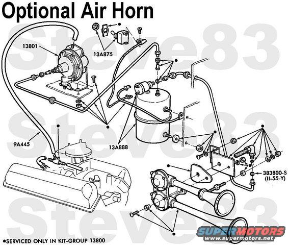 airhornearly.jpg Optional Air Horn Kit uses a manifold-vacuum-powered air pump (13801) to fill a reservoir with attached solenoid valve (13A888 ) to supply the horns.

D7AZ-13800-A Air Horn, chrome
D3AZ-13800-A Air Horn, painted

[img]http://forum.garysgaragemahal.com/file/n29488/Air_Horn_Kit.jpg[/img]