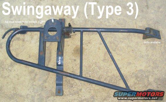 swingawayt3rough.jpg SOLD Type 3 Swingaway Spare Tire Carrier fits '78-96 Bronco

Original replacement lug stud now welded on.

Actual dimensions: ~44x24x10&quot; @ ~30lbs