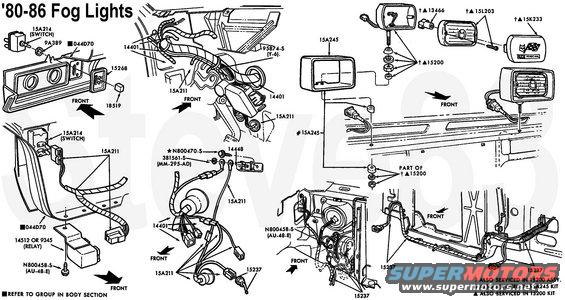 foglights8086.jpg '80-86 Fog Lights

The relay (lower L corner) is a common Ford 3-pin horn relay used with early vacuum cruise systems, so it & its connector are easy to find new or in junkyards.

This particular switch is rare, but easy to substitute with any modern switch.

[url=http://www.supermotors.net/registry/media/966229][img]http://www.supermotors.net/getfile/966229/thumbnail/fogsw82.jpg[/img][/url]