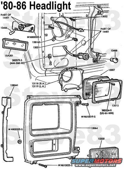 headlight8086.jpg '80-86 Headlight
IF THE IMAGE IS TOO SMALL, click it.

E2TZ-13064-A Headlamp Door, right chrome & charcoal
E2TZ-13064-B Headlamp Door, left chrome & charcoal
E2TZ-13064-C Headlamp Door, right gloss black
E2TZ-13064-D Headlamp Door, left gloss black
EOTZ-13064-L Headlamp Door, right chrome & black
EOTZ-13064-M Headlamp Door, left chrome & black
EOTZ-13064-N Headlamp Door, right chrome & argent
EOTZ-13064-P Headlamp Door, left chrome & argent
EOTZ-13B041-B Shield right
EOTZ-13B042-B Shield left
D8BZ-13007-A Sealed Beam, standard
F3UZ-13007-A Sealed Beam, halogen
6C2Z-13015-A Retainer Ring
E99Z-13119-A Mount Ring, left
E99Z-13118-A Mount Ring, right
E1TZ-13200-A Park Lamp, right
E1TZ-13200-A Park Lamp, left
D1FZ-13234-A Socket & Wire
EOTZ-15A201-A Side Marker, right
EOTZ-15A201-B Side Marker, left
C2AZ-13466-C Bulb (194)