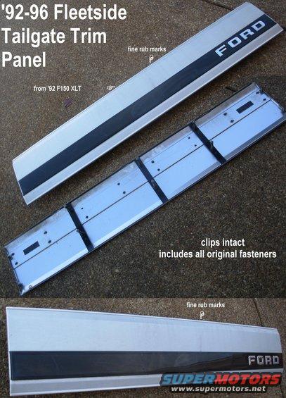 trimpnltgf95.jpg SOLD '92 F-series Fleetside Tailgate Trim Panel [url=https://www.dennis-carpenter.com/trucks/tailgate/tailgates/f2tz-99425a34-a-os-tailgate-finish-panel-smo]F2TZ99425A34A[/url] fits '92-97, and possibly older
IF THE IMAGE IS TOO SMALL, click it.

Click the image to supersize & see the fine vertical rub marks near the black stripe.

Ships as ~68x16x8&quot; @ ~15lbs (most of the weight will be the box, which I might have to build).

[url=https://www.amazon.com/dp/B09TR4PQN8]Trim Panel Mounting Clips (E7TB9942502,E7TB9942596,E9TB994250,E9TB9942596)[/url]