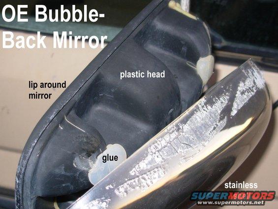 mirrorbbshell.jpg OE Bubble-Back Mirror Construction

Aftermarket copies use the stainless shell as the mirror head's structure, which is why they vibrate so badly.  The only problem with the OE mirror is that the glue separates.  I don't know why no one simply re-glues the shell on - this one has the remains of duct tape all over it.  A few drops of E6000 would have lasted another 20 years, and no one would have know there had ever been a problem.