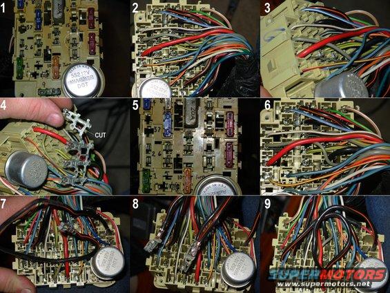 alwaysonpw.jpg Always-On Power Window Circuit
IF THE IMAGE IS TOO SMALL, click it.

After a lot of head-scratching as to why NO factory builds vehicles this way, and only coming up with a worry-spot, I decided to modify my body donor's wiring harness for always-on power windows.  ([url=http://www.ecfr.gov/cgi-bin/text-idx?SID=63cea3b1f6d6b52110798d9edd22e76c&node=sp49.6.565.b&rgn=div6]Here's why!!![/url])  Since the harness was already out, it was really easy, but it wouldn't be much more difficult (on '87-96) with it installed.  Just pull the knee bolster, pull the 2 fuse panel screws, and work it out for access to the front & back.

[url=http://www.supermotors.net/registry/2742/50422-4][img]http://www.supermotors.net/getfile/405453/thumbnail/18picklgfuses.jpg[/img][/url]

1.  This is a '93 Bronco panel, so the PW hot supply is the top of position 14.  This terminal needs to be isolated from its key-on supply, and then connected to an always-on supply.
2.  From the back, the buss bar is visible feeding 4 of the 5 terminals on this row.  Fortunately, the target is the last one, so it will be easy to isolate.  If it was in the middle, a new jumper would have to be added from the original supply wire to the cut end.
3.  While holding tension from the back, release the lock for each terminal on the front, and pull the buss bar out of the fuse block.
4. I was able to break this off by hand, but regular wire cutting pliers are easier.  Trim away the joiner section and use picks to UNcrimp the single terminal.
5.  The shortened buss bar can go back in, leaving the target socket empty.
6.  Considering the relatively high current draw of the PW circuit (as much as 20A, based on the factory circuit breaker rating), I selected the hot feed coming in from PDB MAXI fuse L (50A) as being suitable.  It feeds the PowerPoint socket in position #13 through this heavy Bk/Or wire.
7.  The Bk/Or wire comes into the fuse panel at the unused #5 position, feeds the buss bar going to position #9, then runs on a heavy jumper wire up to position #13.  Pull the jumper out of the harness to splice the #14 terminal on.
8.  It's probably not necessary to remove the #13 terminal, but it might make it easier to work with.  Fold the wire, ring & slice the insulation on each side of the fold, strip it, insert the fold into the opened crimp of the target terminal, and solder it.  Re-crimping it isn't secure enough, and 2 layers of this heavy wire would be too much for this terminal's crimp anyway.  Solder will hold forever.
9.  Reinstall the terminals & fuses, and make a note in the owner's manual so you (& any future owner) can remember this mod.

This mod also makes the 1-touch mod more functional, since it can be connected to a remote system.
[url=http://www.supermotors.net/vehicles/registry/media/908825][img]http://www.supermotors.net/getfile/908825/thumbnail/window1t0.jpg[/img][/url]

See also:
[url=http://www.supermotors.net/registry/2742/84974-4][img]http://www.supermotors.net/getfile/1067160/thumbnail/intro01.jpg[/img][/url]