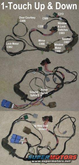 window1t2a.jpg This is the right door harness from a '93 Bronco, but the procedure is the same for almost any reversible 12VDC motor.  Cut the wires between the motor & the nearest control switch (R/Y and Y/R in this case).  Connect a module's #1 (R) wire to one of the motor wires.  Connect that module's #2 (Wh/Bk) wire and the other module's #4 (Y) wire to the harness side of the motor wire (from the switch).  Connect the other module's 1,2,&4 wires likewise to the other motor wire.  Splice both modules' #3 (Y/LG) wires into the vehicle power circuit (LB/Bk), and both modules' #5 (Bk) wires into the vehicle ground circuit (Bk).

[url=http://www.supermotors.net/registry/media/908825][img]http://www.supermotors.net/getfile/908825/thumbnail/window1t0.jpg[/img][/url] . [url=http://www.supermotors.net/registry/media/908823][img]http://www.supermotors.net/getfile/908823/thumbnail/window1t1a.jpg[/img][/url] . [url=http://www.supermotors.net/registry/media/910211][img]http://www.supermotors.net/getfile/910211/thumbnail/window1t7a.jpg[/img][/url] . [url=http://www.supermotors.net/registry/media/967038][img]http://www.supermotors.net/getfile/967038/thumbnail/29doorwiring.jpg[/img][/url]

Since this truck's door is normally only grounded through its hinges, I added a ground wire.  There is also other additional wiring & modification for RKE, signal mirrors, under-mirror cornering/off-roading lights, & puddle lamps.