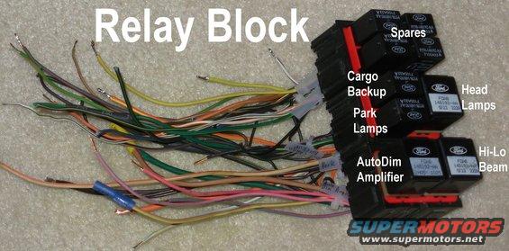 82relayblock.jpg I built this relay block from several junkyard blocks by reconfiguring the modules & repinning them.  Four will be used by the AutoLamp/AutoDim system; one switches the outside cargo lamp to act as a reverse lamp; I'll find something to do with the others.

[url=http://www.supermotors.net/registry/media/839906][img]http://www.supermotors.net/getfile/839906/thumbnail/fuseblocksrelays.jpg[/img][/url] . [url=http://www.supermotors.net/registry/media/907876][img]http://www.supermotors.net/getfile/907876/thumbnail/autolampsbrights.jpg[/img][/url] . [url=http://www.supermotors.net/registry/media/907878][img]http://www.supermotors.net/getfile/907878/thumbnail/autolampparts.jpg[/img][/url] . [url=http://www.supermotors.net/registry/media/907877][img]http://www.supermotors.net/getfile/907877/thumbnail/autodial.jpg[/img][/url]