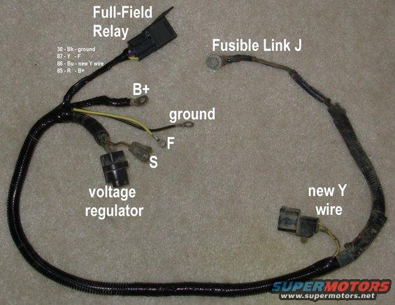 harness93modalt.jpg The alternator harness is now prepped to full-field the alternator when the new Y wire is grounded by a dash switch.  If the relay is removed, or the dash switch is not connected, or an unmodified harness is installed, everything will work normally.