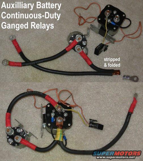 harness93modauxbatt.jpg These relays from a JY ambulance will isolate my aux. battery.  But having 2 will increase the current the aux. can pass to the main for the winch.  The fuse & small wire will allow me to use the aux. batt. to activate the relays if the main is totally dead.

Eventually, I'll build a bracket to mount them near the main battery, and tie the fuse holder in to the engine bay harness.  The loose red ring terminal will go to the battery side of the starter relay.  A long cable will go with the OTHER (2-ringed) cable and run back to the aux battery, where the power inverter wiring will also connect.

See also:
[url=http://www.supermotors.net/registry/media/910636][img]http://www.supermotors.net/getfile/910636/thumbnail/batteries.jpg[/img][/url] . [url=http://www.supermotors.net/registry/media/905321][img]http://www.supermotors.net/getfile/905321/thumbnail/battrelayaux.jpg[/img][/url] . [url=http://www.supermotors.net/registry/media/974562][img]http://www.supermotors.net/getfile/974562/thumbnail/33relays.jpg[/img][/url]