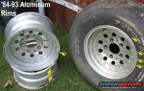 rimsrvtbent.jpg Aluminum (fake rivet) Rims from '84-93 Ford trucks & Broncos

Note dents & scrapes