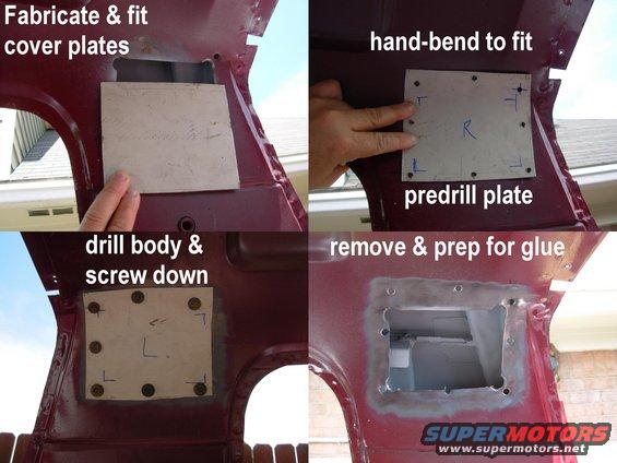 plates.jpg I found a piece of scrap about the right thickness, cut it into plates, fit them to the body's curves, marked & predrilled them, then drilled the body the way TSB 951409A recommends.

[url=http://www.supermotors.net/registry/media/157577][img]http://www.supermotors.net/getfile/157577/thumbnail/7.jpg[/img][/url] . [url=http://www.supermotors.net/registry/media/930523][img]http://www.supermotors.net/getfile/930523/thumbnail/img_6958.jpg[/img][/url]