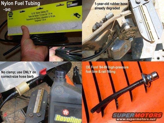 fueltubing.jpg Ford has been using hard nylon fuel tubing since the early 80s - I don't know why anyone is still using rubber, but I'm through with it.  Modern gasahol just tears it up, creating more work & EXPENSE than just converting before you notice any problems.  I replaced all but the pump-to-carb tube on my lawn mower last year with normal rubber, and it's already just as bad as the original hose was after 7 years, so I'm not messing around any more.  I'll probably change all the MGB's hose before I put the head back on it (another victim of gasahol).