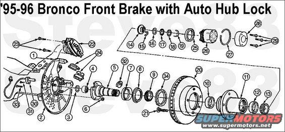 slidingbolts.jpg '95-96 Bronco Front Disk Brake with floating calipers, 4WABS, 2-piece inner wheel seal, 3-screw auto hub locks; F150s do not have 4WABS, but are otherwise similar.

'80-93 Front Rotor [url=http://www.amazon.com/dp/B000C5FDOQ/]MotorCraft BRR8[/url]
'79-85 Front Pads [url=http://www.amazon.com/dp/B000C5DBKY/]Motorcraft BR43B[/url]
'86-93 Front Pads [url=http://www.amazon.com/dp/B000C5DC30/]Motorcraft BR41B[/url]
'94-96 Front Pads [url=http://www.amazon.com/dp/B000C5DBS6/]Motorcraft BR46[/url]
'94-96 Front Rotor [url=http://www.amazon.com/dp/B000C5DE7O/]Motorcraft BRR56[/url]
'80-96 D44IFS Outer Wheel Bearing [url=https://www.amazon.com/dp/B084T427XK]Koyo SET45[/url]
'80-96 D44IFS Inner Wheel Bearing [url=https://www.amazon.com/dp/B00153T912]Timken SET36[/url]
'95-96 Front Inner Wheel Seal [url=https://www.amazon.com/dp/B000BZ53NI]Timken 710430[/url]
'80-96 Spindle Seal Set [url=https://www.amazon.com/dp/B018OGG4Y2]Spicer 706527X[/url]

1 - Steering Knuckle - 3130(RH) 3131(LH)
2 - Front Disc Brake Rotor Shield - 2K004
3 - Seal, Spindle Inner - 1175 or 3299
4 - Bearing, Spindle - 3123 install with writing facing outward (inboard)
5 - Spindle - 3105
6 - Nut - 35704 tighten to 47 N-m (35 lb-ft)
7 - Seal, Rolling Diaphragm, Spindle Outer - 3254
8 - Seal, Inner Wheel - 1190
9 - Bearing, Inner Wheel - 4221 or 1201
10 - Race, Inner Wheel Bearing - 4222
11 - Hub, 4WD - 1104 (part of 1102)
12 - Race, Outer Wheel Bearing - 4222
13 - Bearing, Outer Wheel - 4221 or 1216
14 - Adjusting Nut, Wheel Bearing (2.5-inch rounded hex) - 3B459 Back off 90 degrees (1/4 turn); tighten to 1.8 N-m (16 lb-in); to align notch, tighten.
15 - Retainer Key - 3B549
16 - Thrust Washer (steel) - 3B458
17 - Thrust Washer (plastic) - 3B458
18 - Thrust Washer (splined) - 3B458
19 - C-ring - 3B457
20 - Rotor, 4WD - 1125 (part of 1102)
21 - Bolt, Wheel Hub (Lug) - 1107
22 - Brake Caliper Assembly - 2B120(RH) 2B121(LH)
23 - Bolt, Caliper Slide Pin - N807683-S60 (M8-1.25 x 65) tighten to 30-36 N-m (22-27 Lb-Ft)
24 - Spring, Brake Shoe Hold-Down - 2068
25 - Drag Cam Assembly - (part of 1K105)
26 - Lock Body Assembly - ([url=https://www.amazon.com/dp/B004M68EU6]F6TZ-1K105-AA[/url])
27 - C-ring - (part of 1K104)
28 - Dust Cap - 1K104
29 - Screw, Dust Cap - (part of 1K104) tighten to 4-6 N-m (35-53 Lb-In)
30 - Sensor, 4WABS Front - 2L373 or 2C204 ('93-96 Bronco only) [url=https://www.amazon.com/dp/B000CKTEDW]Standard ALS185[/url]
31 - Screw, 4WABS Sensor - tighten to 4.5-6.8 N-m (40-60 lb-in) ('93-96 Bronco only)
32 - Shield, 4WABS Sensor - RH 4432D, LH  ('93-96 Bronco only)
33 - Screw,4WABS Sensor Shield (12-point 6mm head) -  ('93-96 Bronco only)
34 - 55-Tooth Speed Sensor Ring (Indicator),4WABS Front - E7TZ2B409B/F37A-2C182-AC ('93-96 Bronco only)

See the NEXT pic...