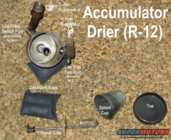 accumulatorr12.jpg Accumulator-Dryer Guts

This desiccant is not as resilient as later compositions, so an R-12 accumulator should be replaced any time the system remains open for more than an hour or so.  It cannot be &quot;dried&quot;.

An R-134a dryer is very similar, but its improved desiccant means that it can be reused indefinitely, IF the pellets stay inside, and there is no obvious contamination.  Holding a vacuum on it for ~30 minutes near a warm engine will remove all the moisture from it.

[url=https://www.supermotors.net/registry/21191/71804-4][img]https://www.supermotors.net/getfile/769751/thumbnail/07out.jpg[/img][/url]