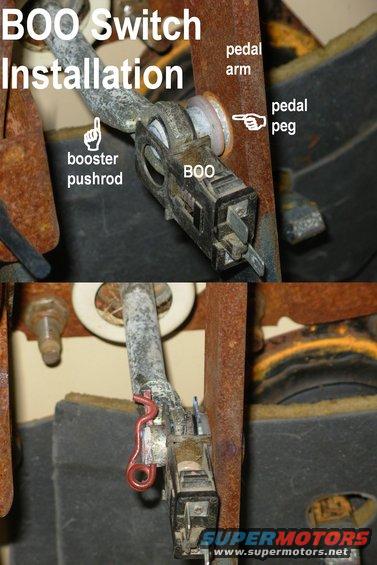 booins.jpg Brake On-Off Switch (E9LY-13480-A) [url=http://www.amazon.com/dp/B0011DY1JG/]Motorcraft SW2237[/url] Installation

1) Install the ring bushing on the pedal peg against the arm.
2) Install the strawhat bushing in the pushrod eye with the wide brim AWAY from the pedal arm, and hang them on the end of the peg
3) hook the BOO behind the pushrod eye, then slide it fully onto the peg, carrying the pushrod & strawhat with it
4) optionally, another ring bushing may be added, but it's not necessary
5) install the hairpin in the peg's hole

[url=http://www.supermotors.net/registry/media/72319][img]http://www.supermotors.net/getfile/72319/thumbnail/pedals.jpg[/img][/url]