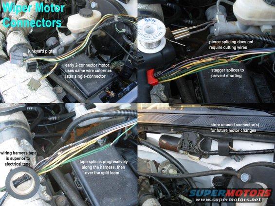 wiperconnectors.jpg Wiper Motor Connectors
IF THE IMAGE IS TOO SMALL, click it.

To make swapping wiper motors easier, splice the other connector(s) onto the original.
[url=http://www.amazon.com/dp/B00130TAI4/]Motorcraft Wiper Motor WM-708RM[/url]

[url=http://www.supermotors.net/registry/media/910757][img]http://www.supermotors.net/getfile/910757/thumbnail/splicepierce.jpg[/img][/url] . [url=http://www.supermotors.net/registry/media/878621][img]http://www.supermotors.net/getfile/878621/thumbnail/wipermotorrevised.jpg[/img][/url]