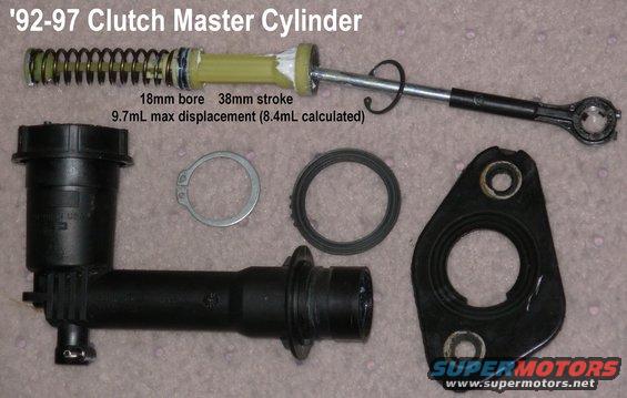 master2.jpg '92-96 Clutch Master Cylinder exploded

The spring & forward plunger block off the reservoir when the MC is not fully-released.  The piston & O-ring in the middle are the ones that move the fluid to the slave.

The mounting plate's index is larger than the key on the MC body to allow the MC to be twisted sideways for easier access to the mounting nuts.