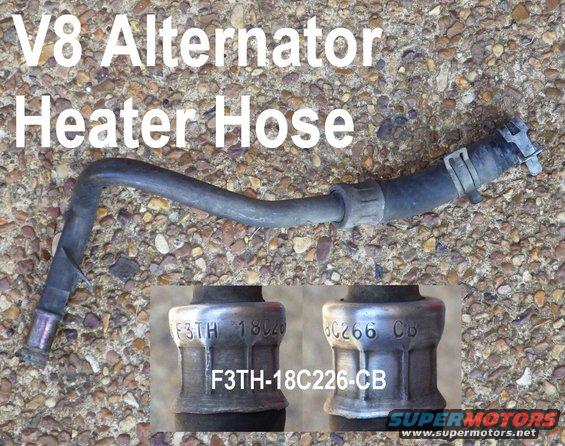 heaterpipe.jpg OE '93-96 5.0L/5.8L Heater Return Pipe in like-new condition

This one is the E4OD-style, which does NOT have a smaller nipple for throttle warmer return at the top end (Left side in the pic). F3TH18C226CB is equivalent to the bottom half of F3UZ18472BA, which is equivalent to [url=https://www.amazon.com/dp/B000C14GKW]Dorman 626-201[/url].

[url=https://www.supermotors.net/registry/media/1070277][img]https://www.supermotors.net/getfile/1070277/thumbnail/08hxs6.jpg[/img][/url]

The version WITH the small 3rd nipple for the throttle body return is F3TH18C266DB, and it's NLA.

[url=https://www.supermotors.net/registry/media/1169088][img]https://www.supermotors.net/getfile/1169088/thumbnail/heaterpipec6.jpg[/img][/url]