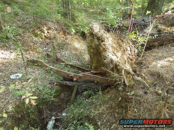 14looping.jpg The first roll was fairly easy, but when the root ball hit the Bronco frame bridge, it took a lot to make the heavy end climb up the creek bank.  It crumpled the frame, too.